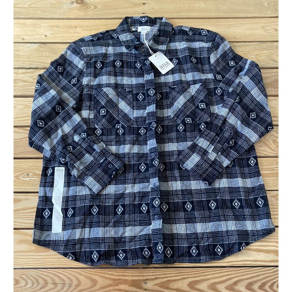 NWT A New Approach Button Up Shirt Large Women’s Black Patterned Long Sleeve $44 - Picture 1 of 9